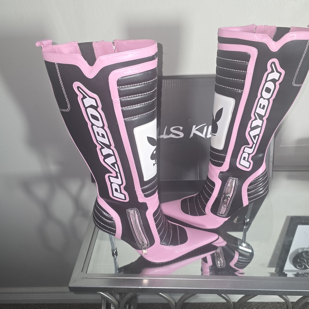 Playboy Pink & Black Knee-High Boots – Size 9 – NEW
